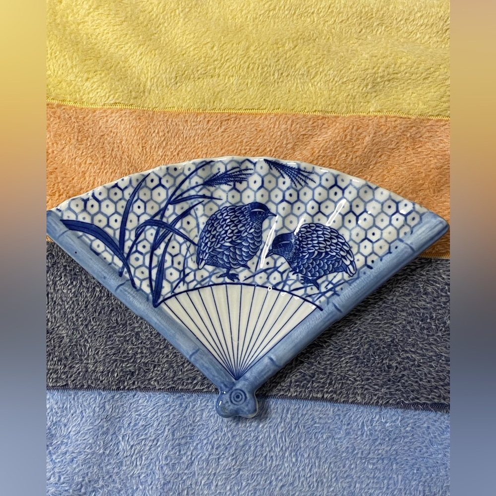 Blue Bird Fan-Shaped Ceramic Trinket Dish